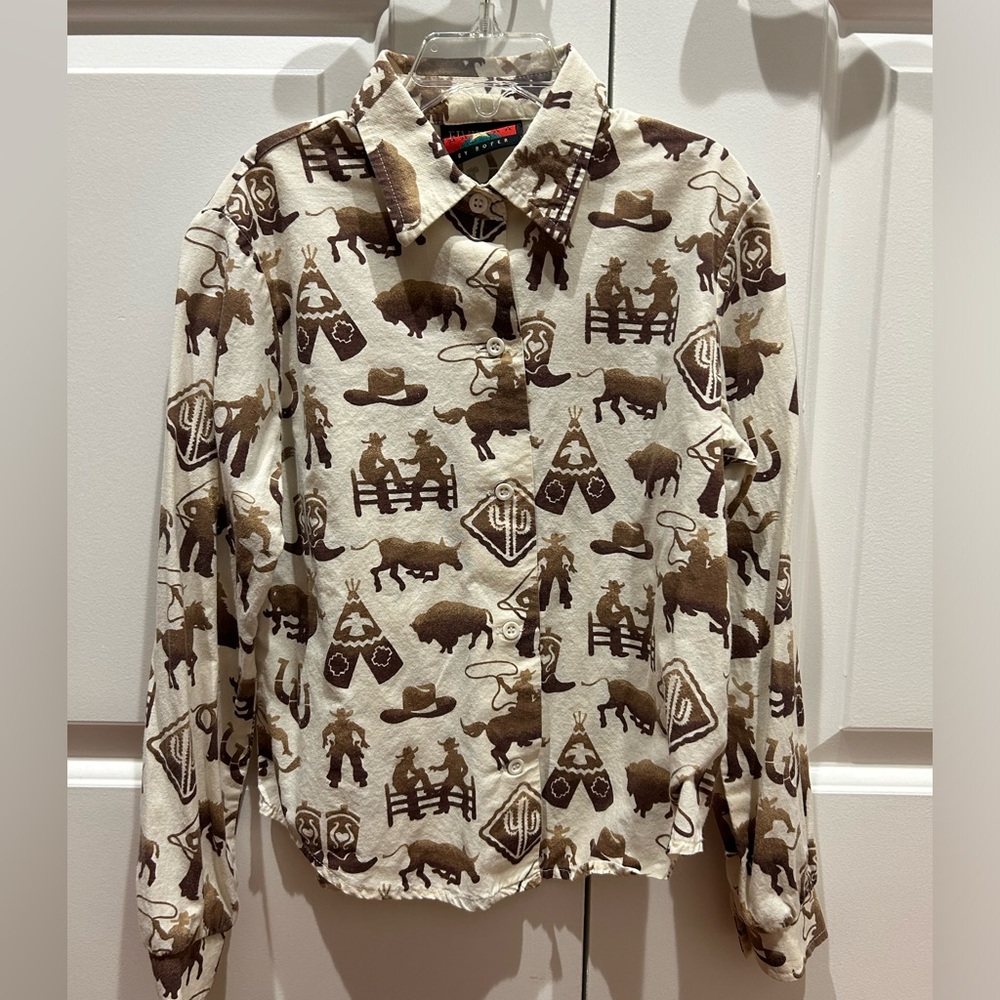 Western Print Button Down Long Sleeve Shirt & Pretend Chaps